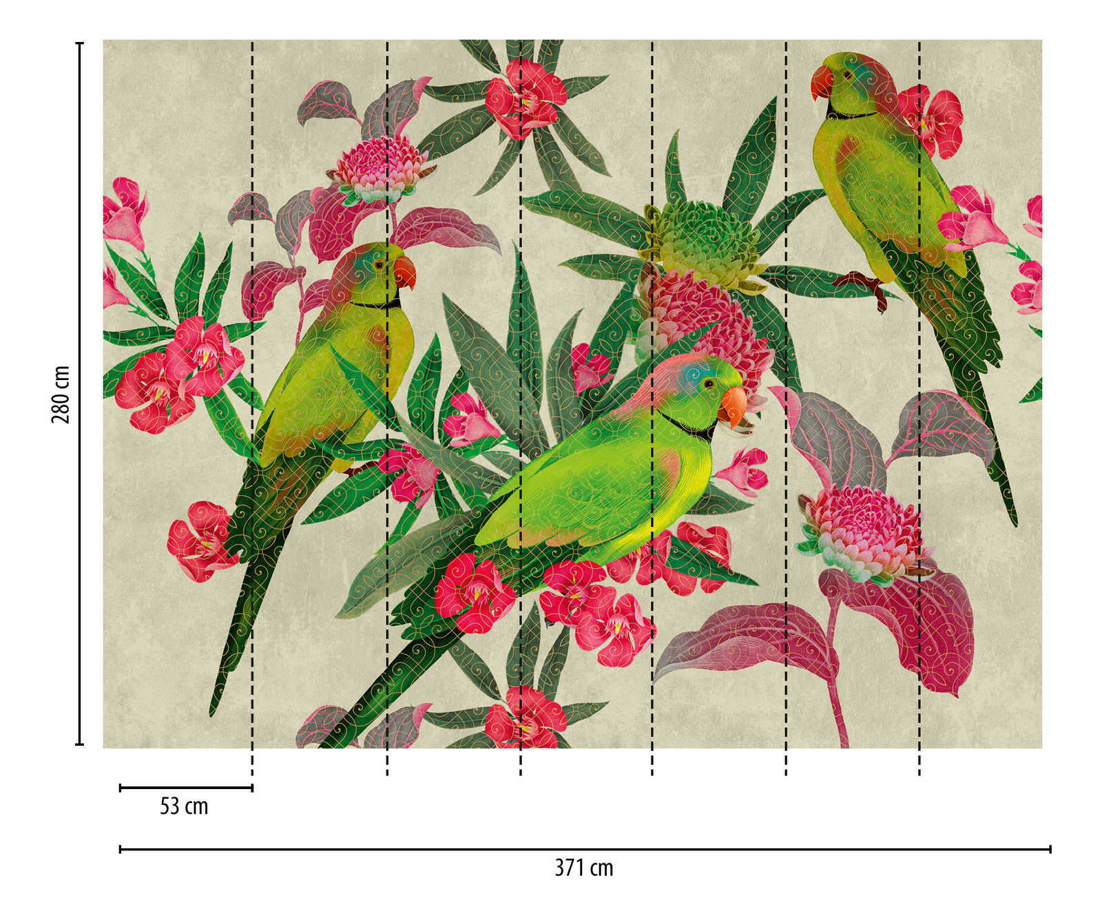             Behang nieuwigheid | papegaaien motief behang met bloemen in kunststijl
        