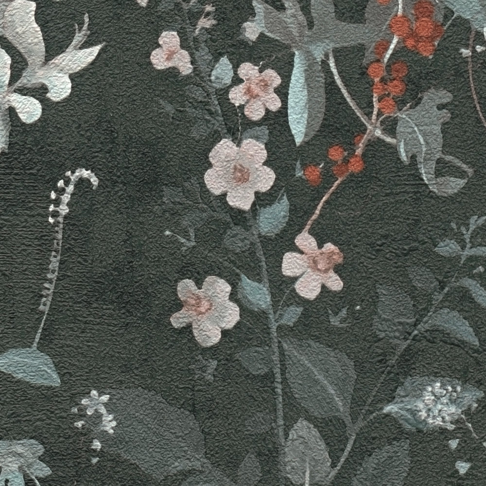             Zwart gebloemd behang met bloemenpatroon in grijs en groen
        
