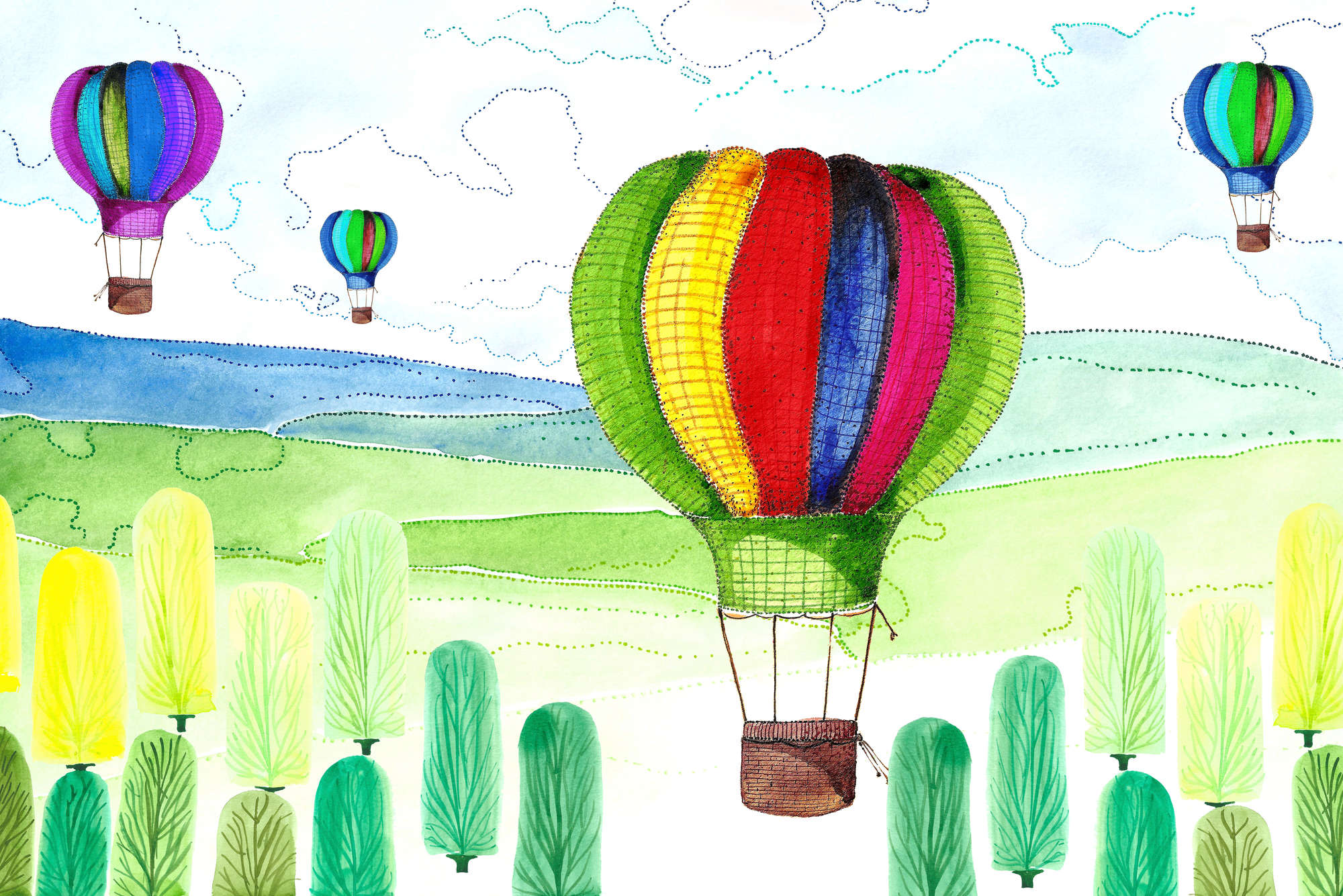             Kinderbehang Ballon en Bos tekeningen op Textuur Fleece
        
