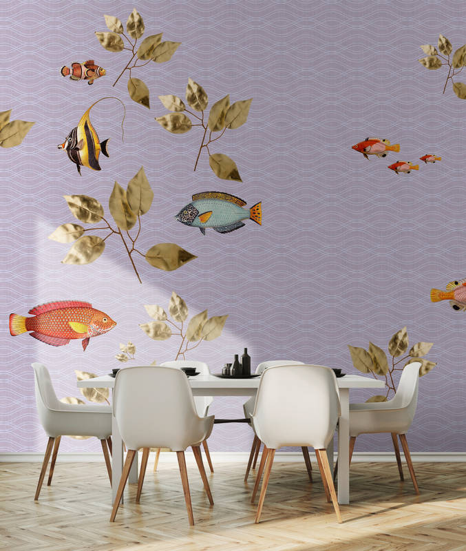             Brillant fish 2 - Papier peint panoramique poissons dans une structure en lin naturel avec un mélange de style moderne - Violet | Intissé lisse mat
        