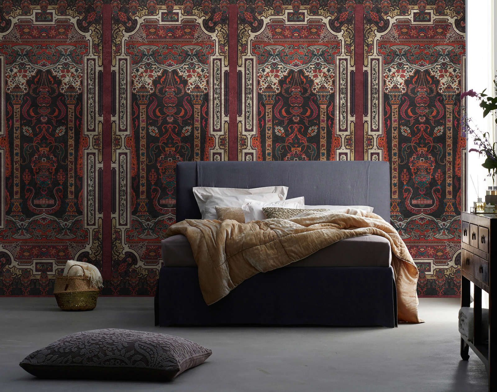             Photo wallpaper »karim« - Ornamental panelling with vintage plaster texture - Dark red | Smooth, slightly shiny premium non-woven fabric
        