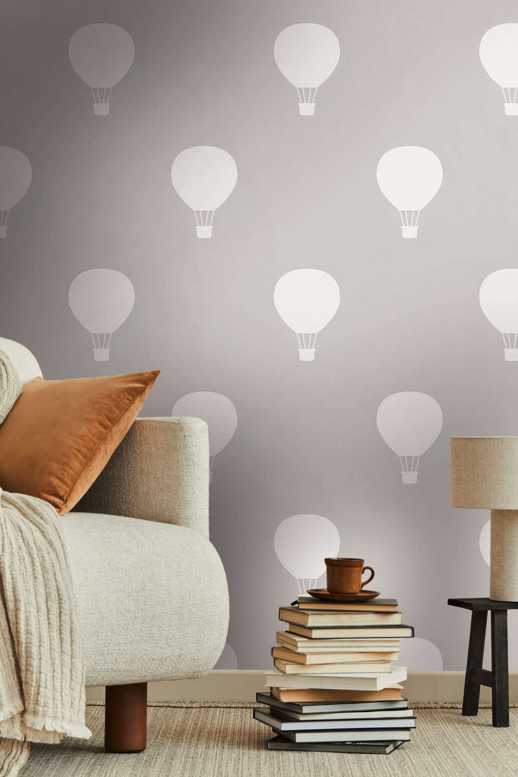             Non-woven wallpaper with hot balloons for Nursery - grey, cream
        