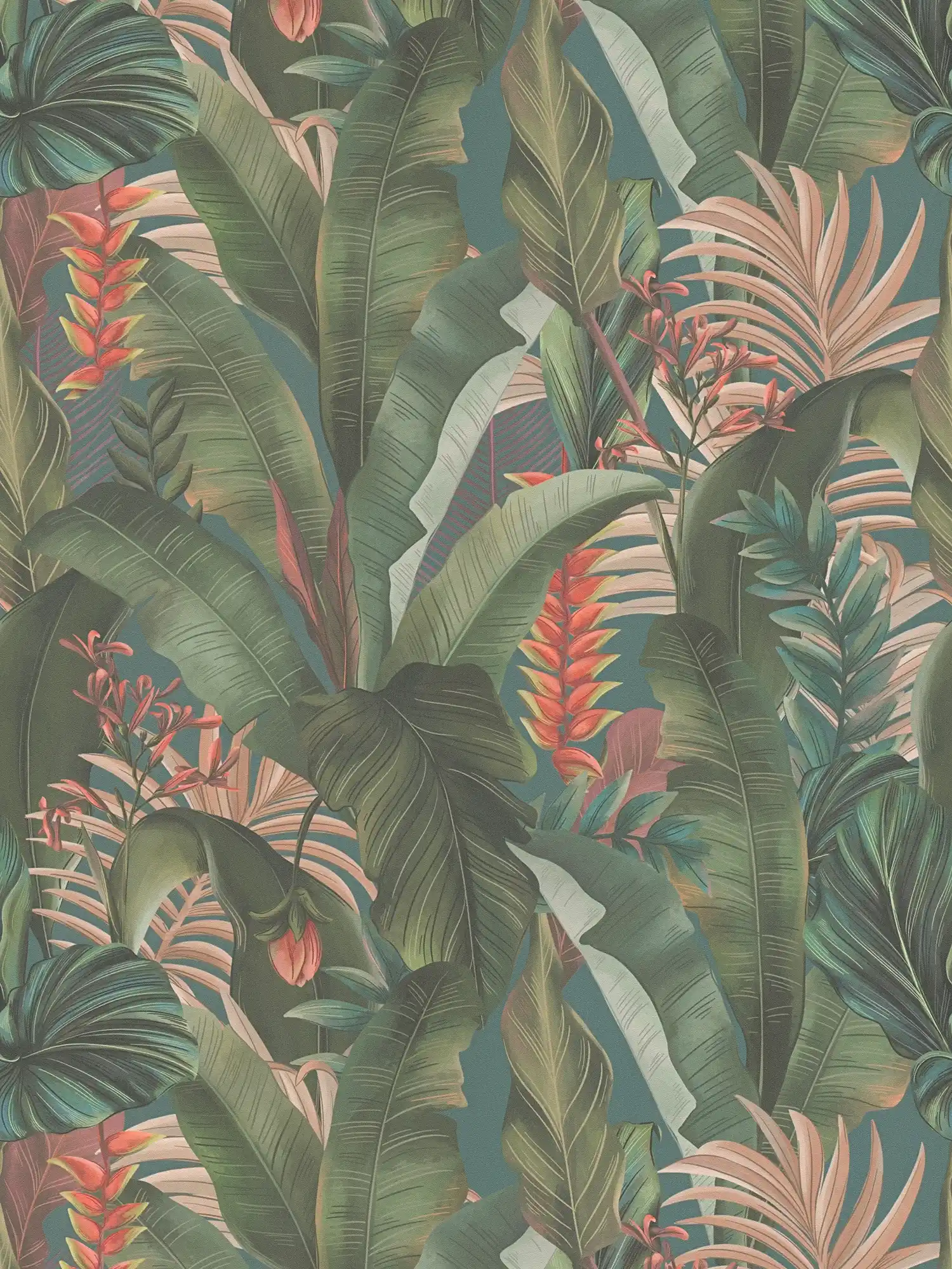papier peint en papier jungle floral avec feuilles de palmier & fleurs structuré mat - bleu, pétrole, vert
