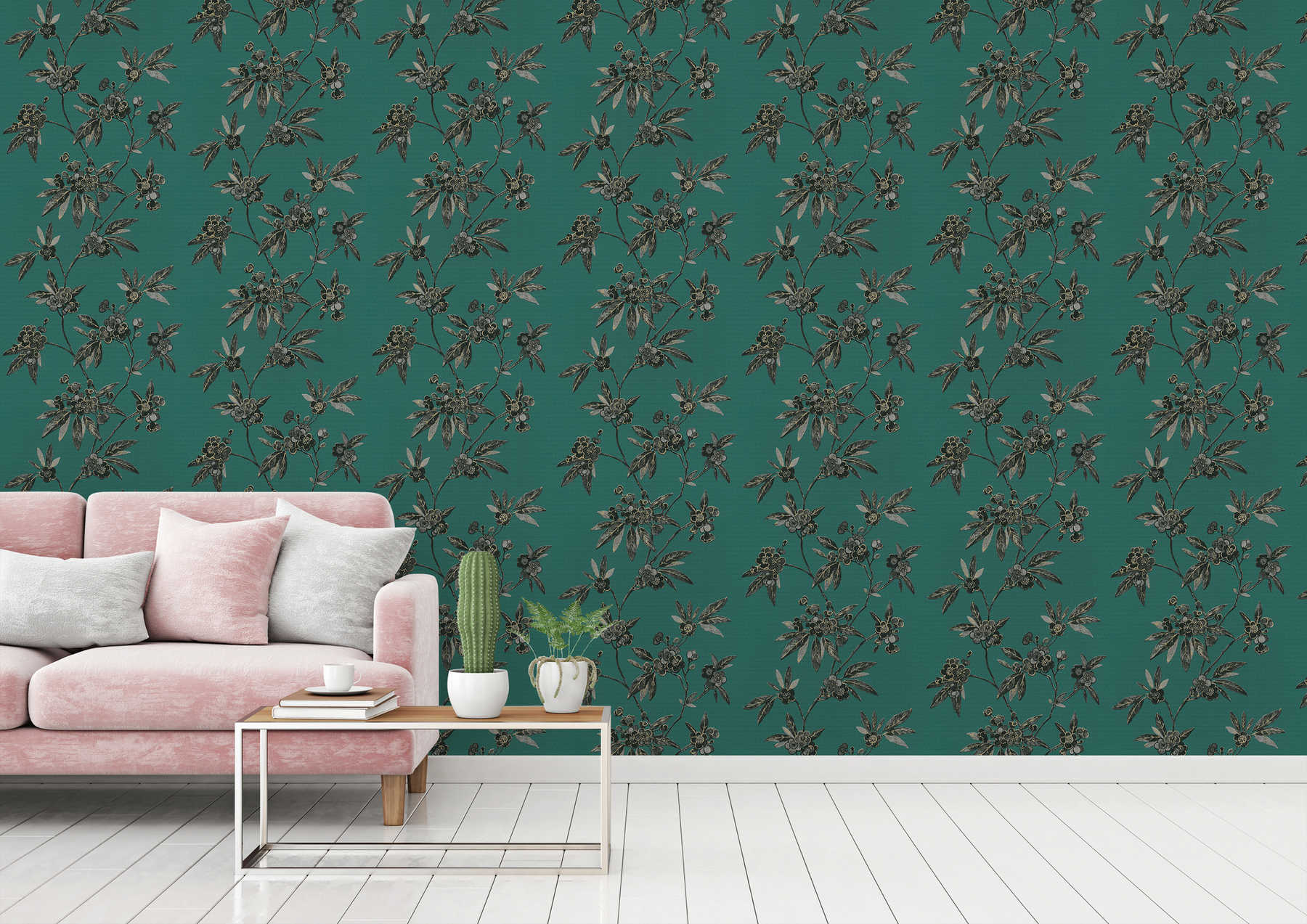             Floral wallpaper with flower tendrils in Asian style - green, black, grey
        