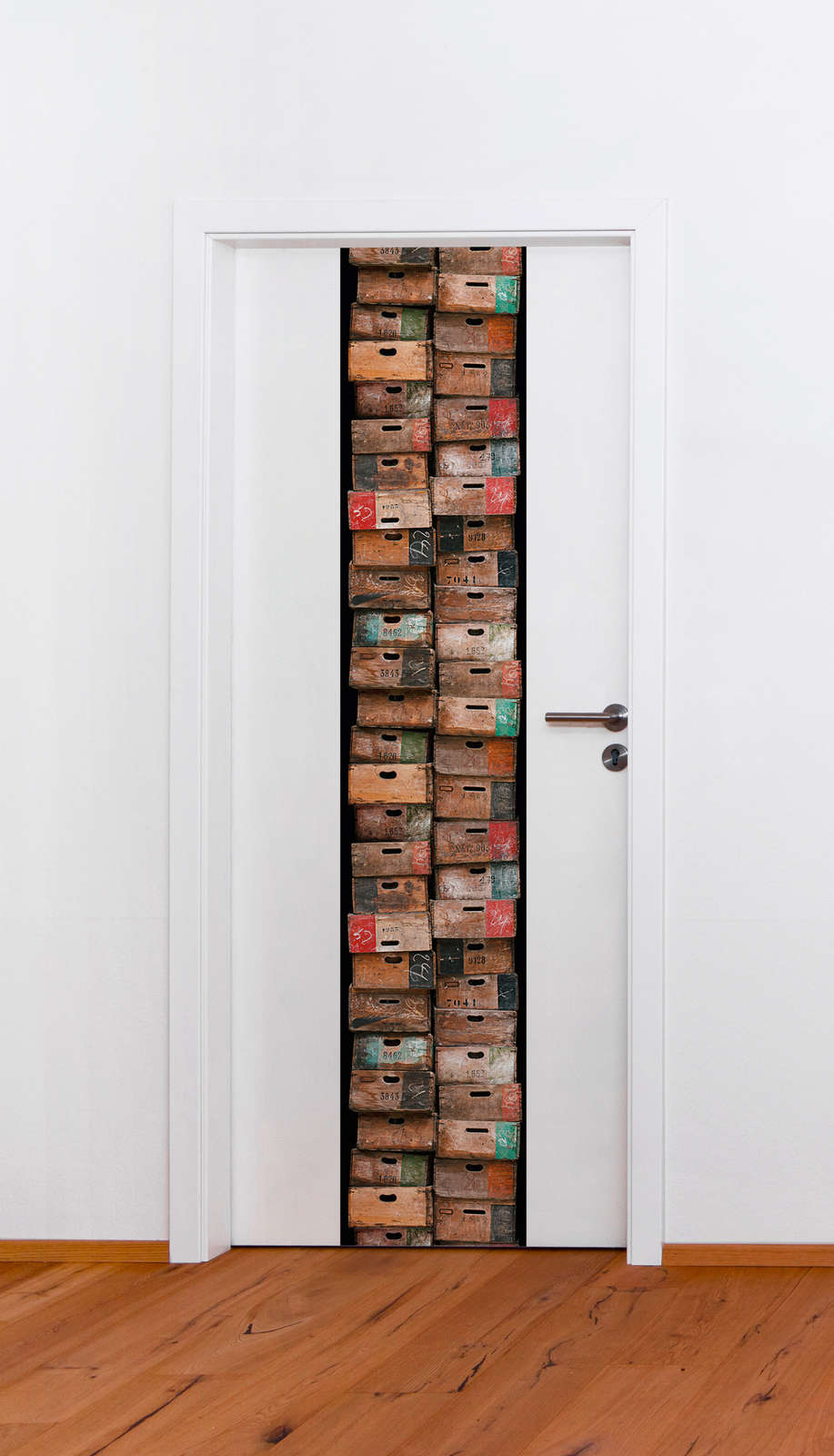             Motif wallpaper with rustic wooden boxes in used look - Brown, Colorful
        
