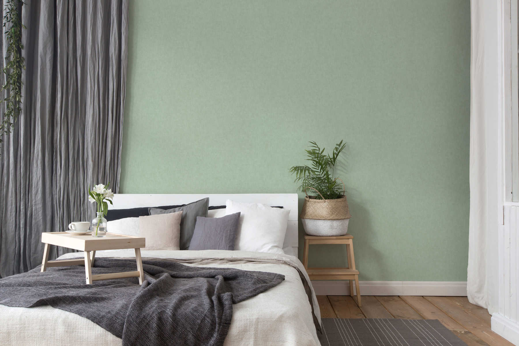             Papel pintado liso, aspecto de lino y estilo escandinavo - verde
        