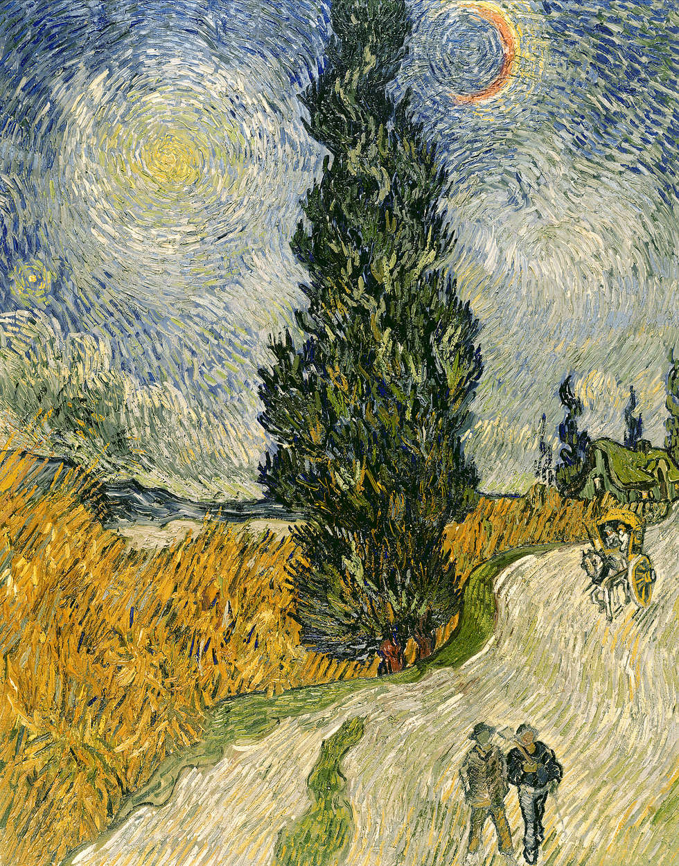             Weg met cipressen en ster" muurschildering van Vincent van Gogh
        