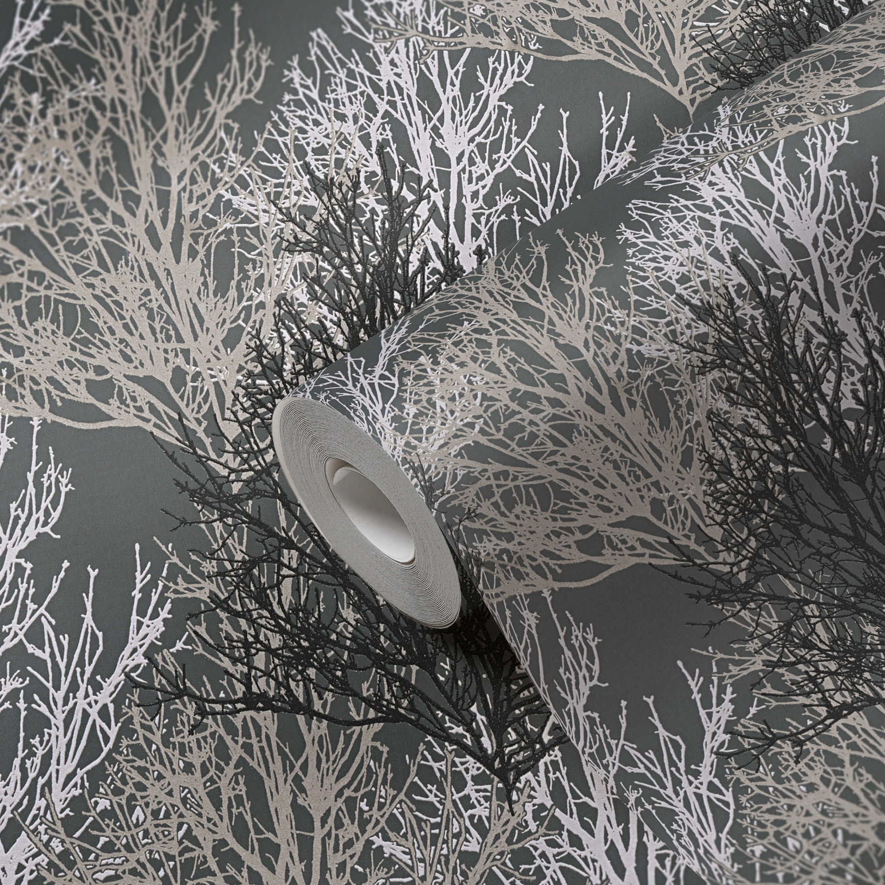             Wallpaper tree design with metallic colours & textured pattern - grey
        