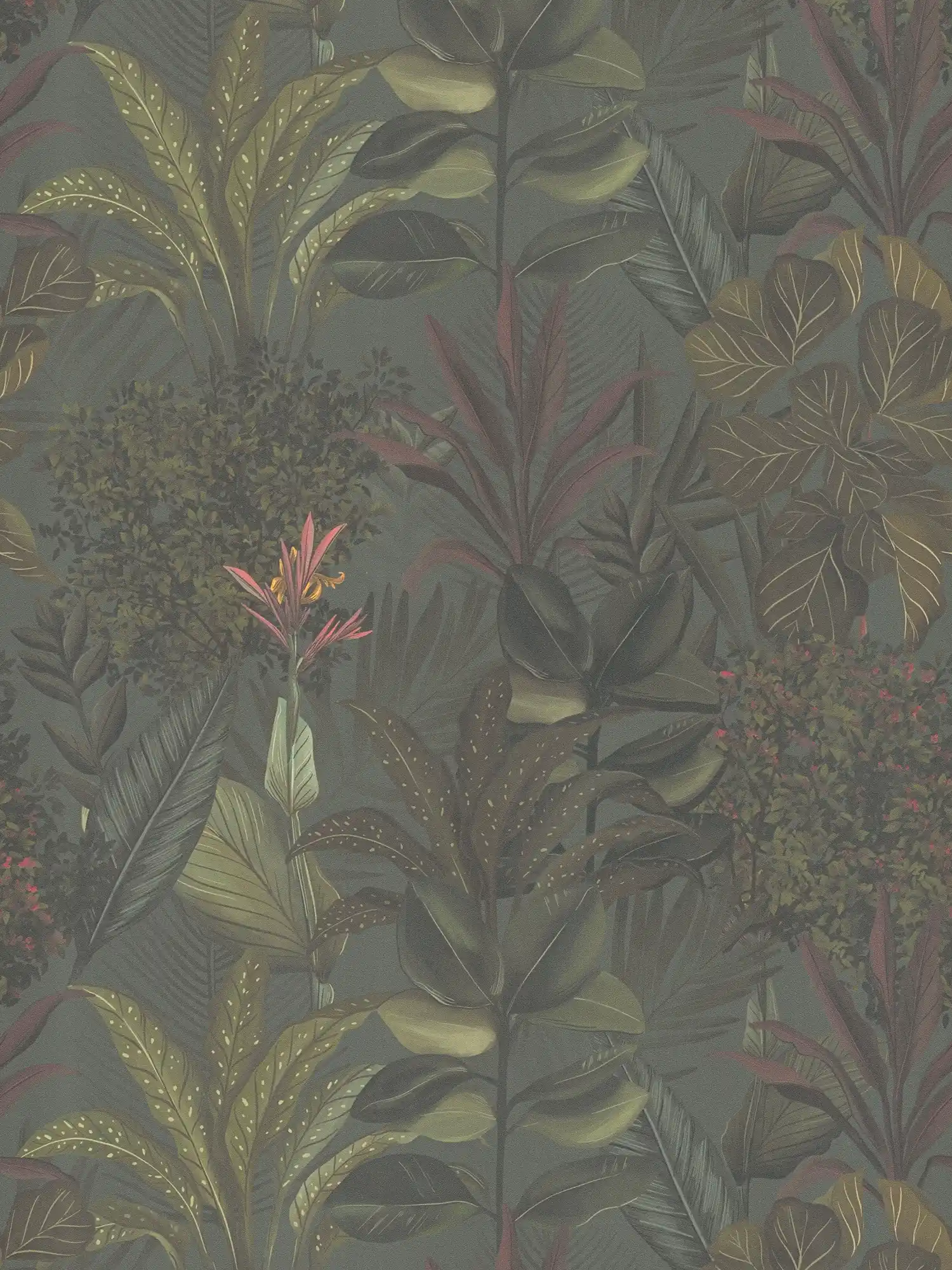 Papel pintado Floral moderno con hojas y hierbas textura mate - verde oscuro, burdeos
