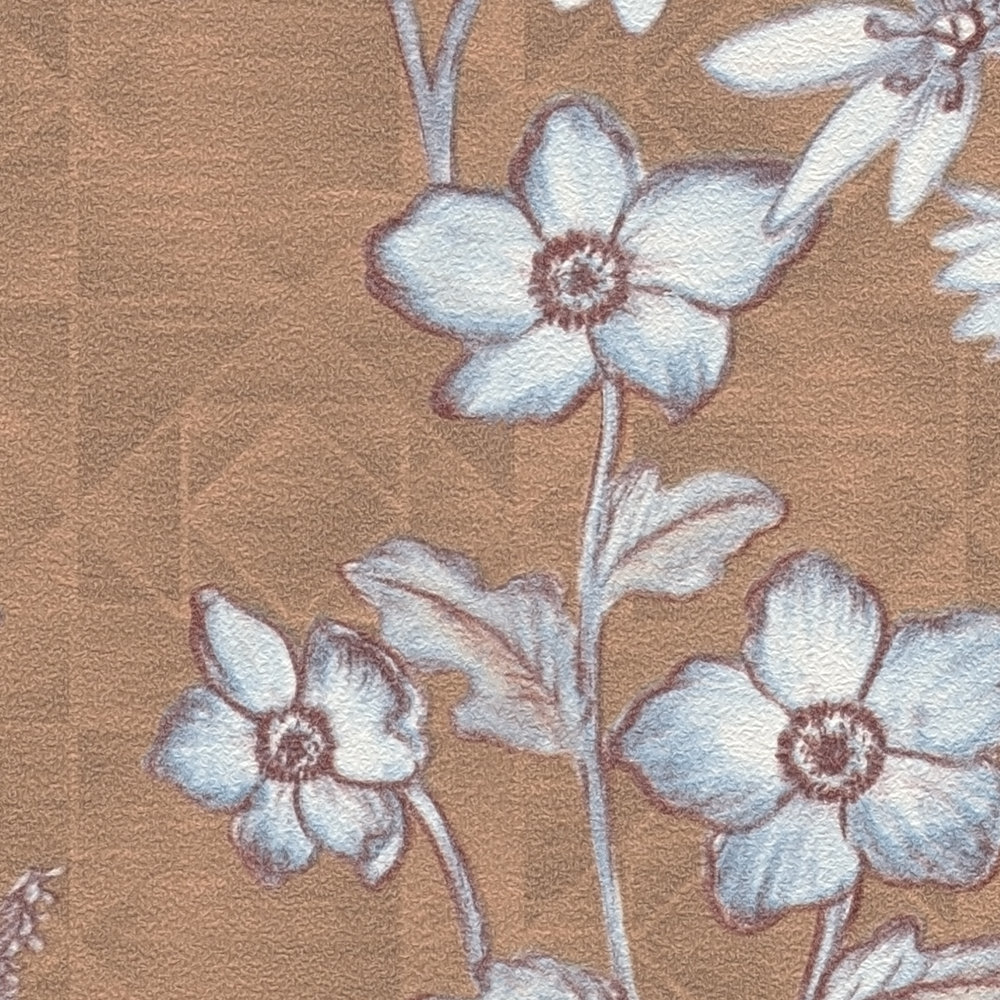             Vintage floral wallpaper with floral pattern - orange, brown, light blue
        