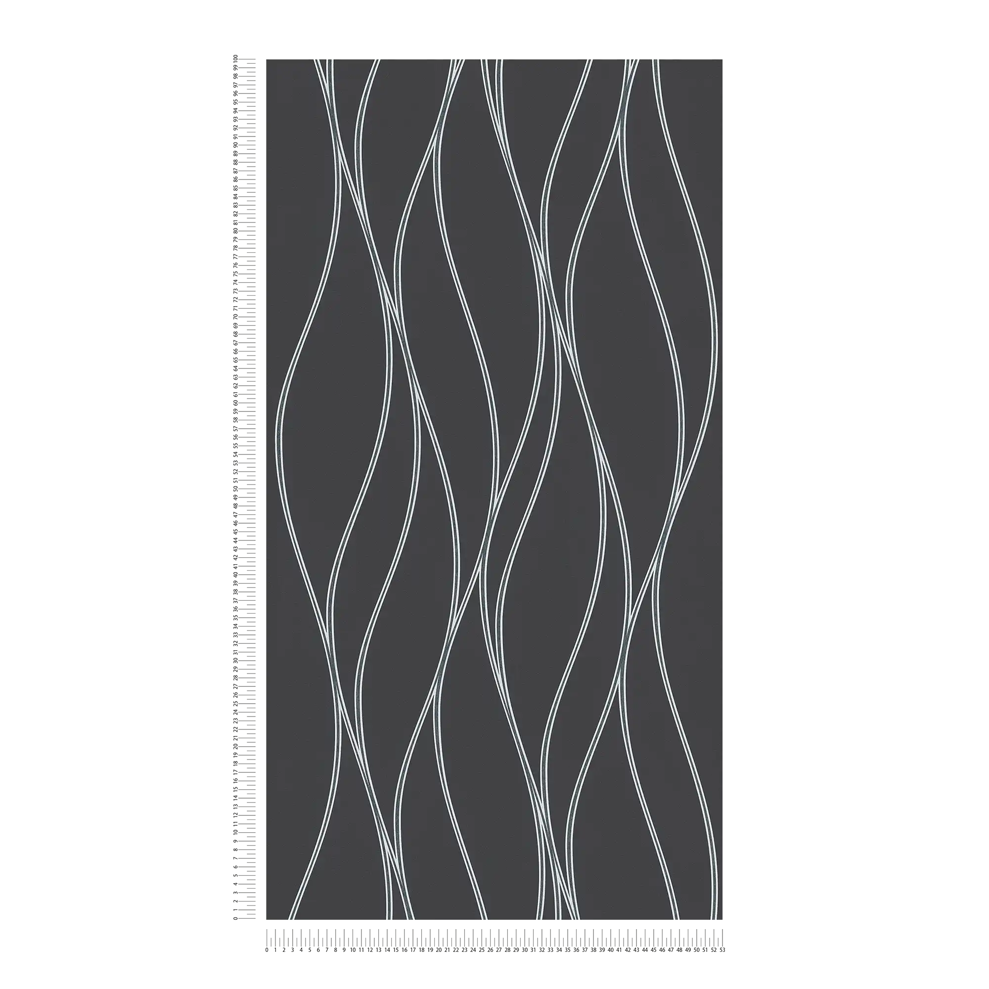             papel pintado líneas onduladas verticales, efecto metálico - negro, plata, gris
        