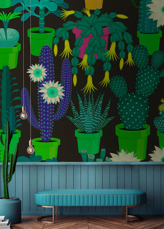             Cactustuin 2 - Digital behang met kleurrijke cactussen in komische stijl in kartonnen structuur - Groen, Zwart | Matte gladde vlieseline
        