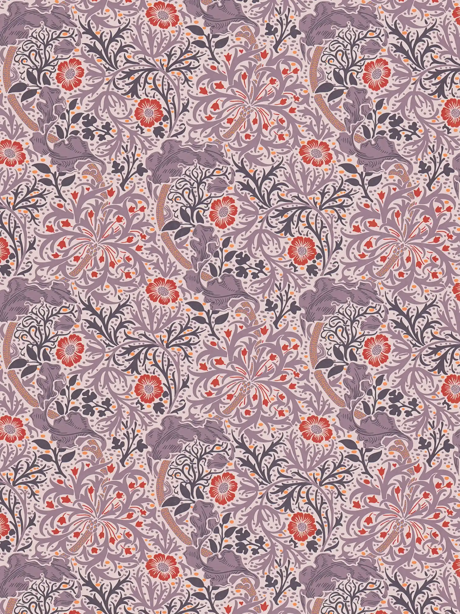 Floral non-woven wallpaper leaves, vines & flowers dotted - purple , red, orange
