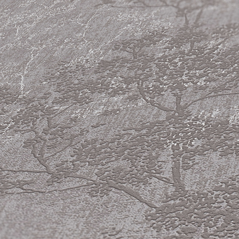            papel pintado con hojas en aspecto de lino - gris, marrón
        