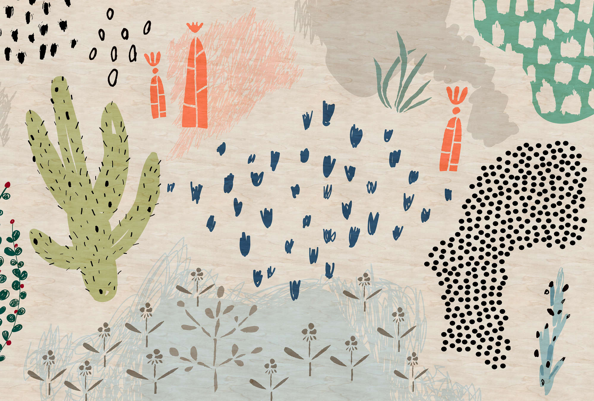             Crayon garden2 - behang kinderkamer in multiplex structuur, naïeve kunst - Beige, Blauw | Mat glad vlies
        
