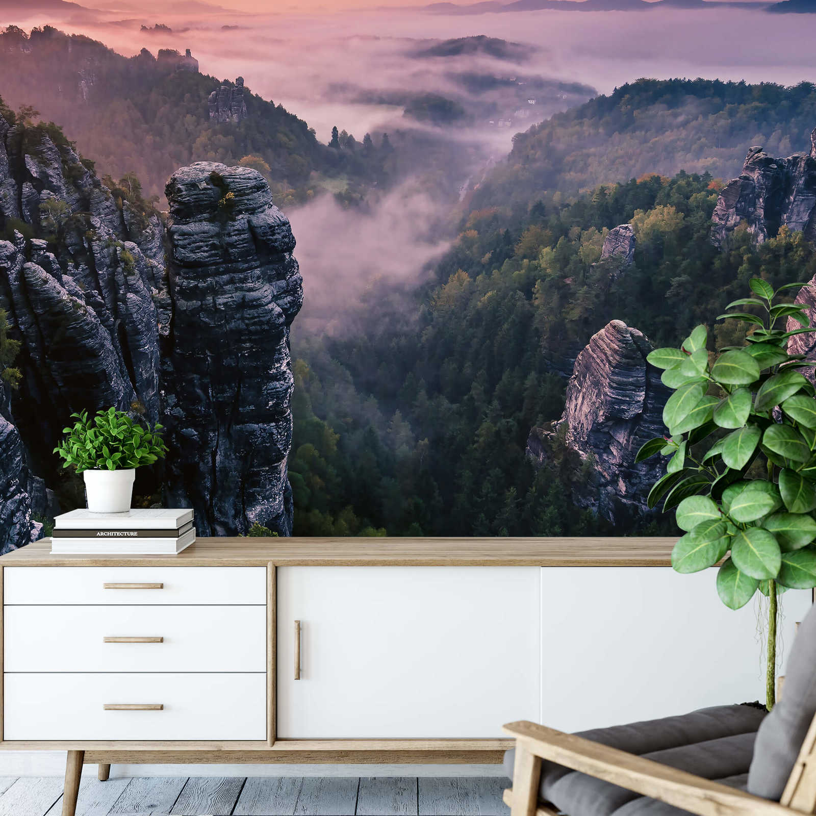             Photo wallpaper sunrise in mountains - grey, green, white
        