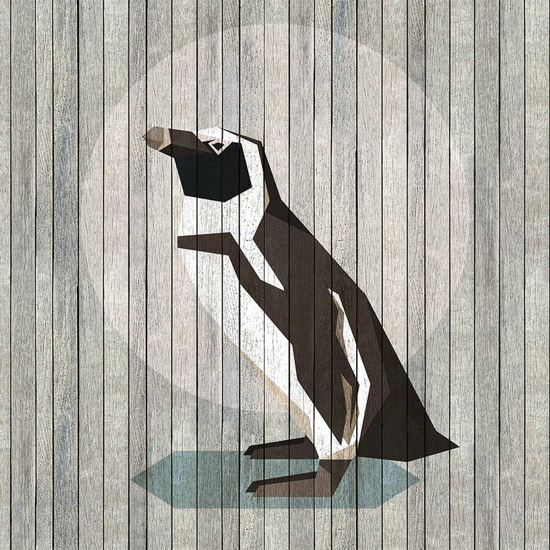 Born to Be Wild 4 - Fotomural Pingüino sobre tabla pared - Paneles de madera de ancho - Beige, Azul | Perla lisa vellón
