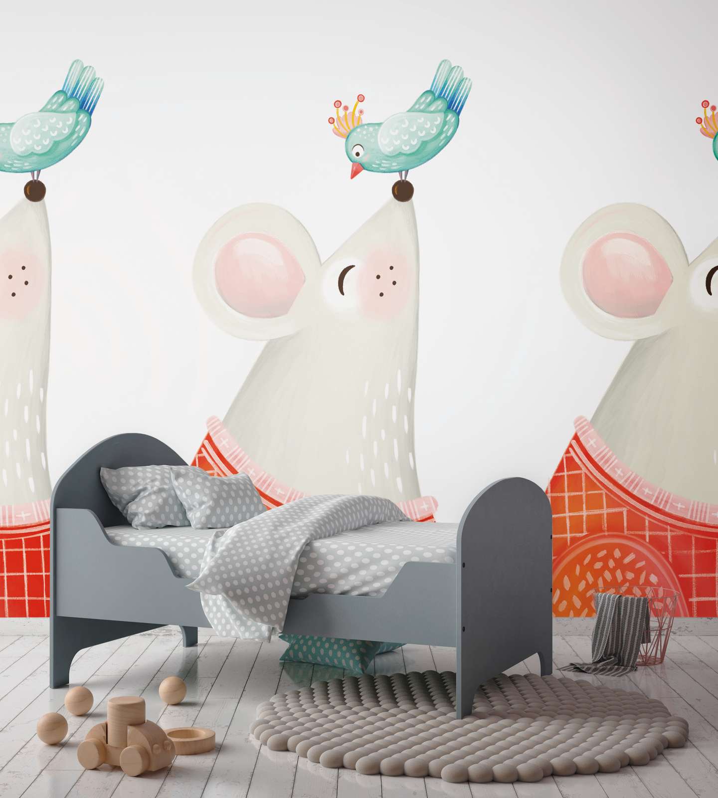             Children non-woven wallpaper with big mouse and bird - colourful, white, red
        