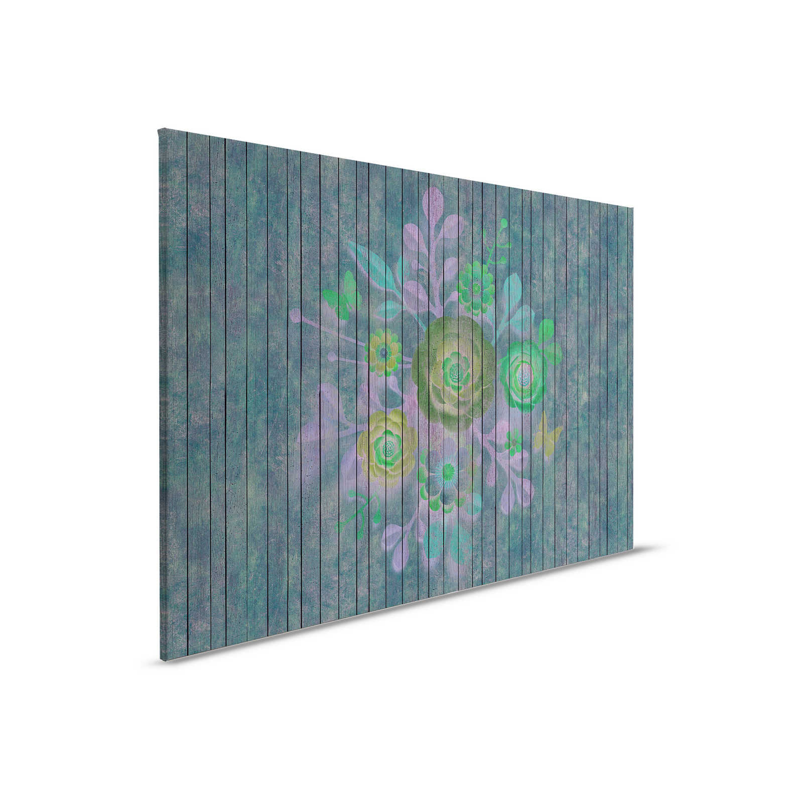 Sproeiboeket 2 - Canvas schilderij in houtpaneel structuur met bloemen op board muur - 0.90 m x 0.60 m
