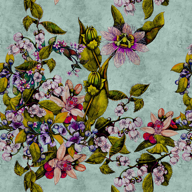 Tropical Passion 2 - Papier peint panoramique structure grattée avec fleurs et bourgeons - vert | Nacré intissé lisse
