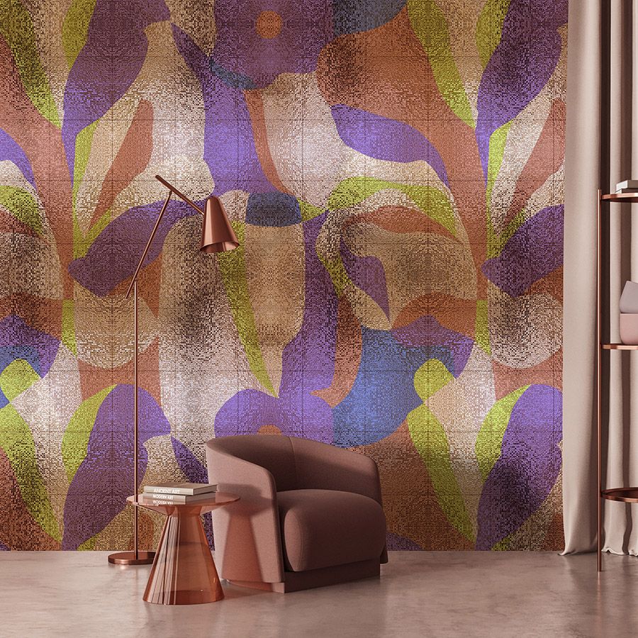 Photo wallpaper »brillanaza« - Graphic, colourful leaf design with mosaic structure - Smooth, slightly pearlescent non-woven fabric
