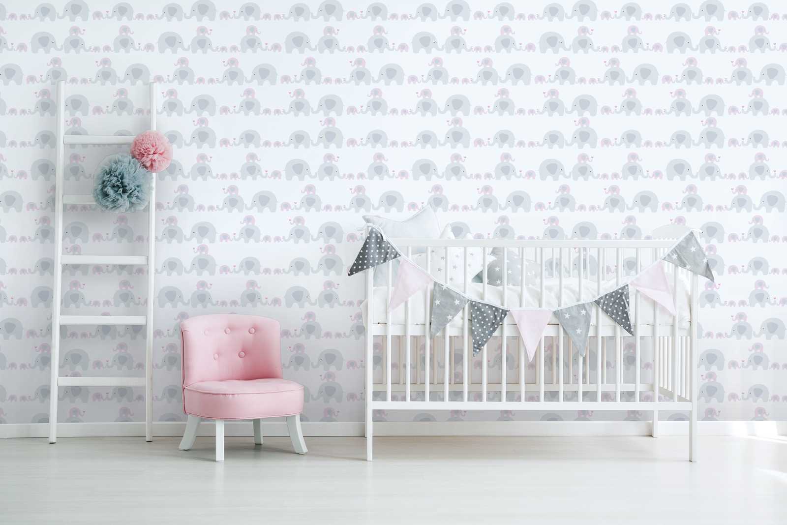             Wallpaper girls room elephant pattern - pink, grey , white
        