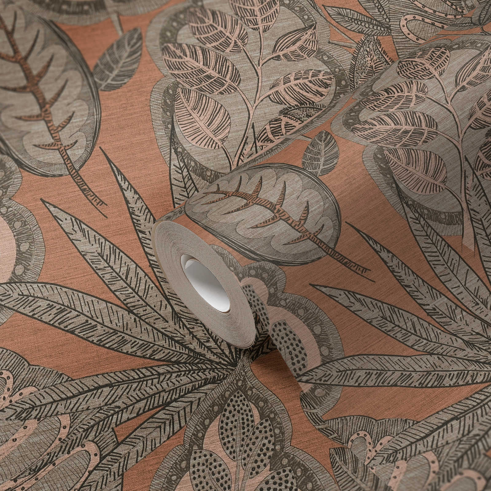            Papel pintado no tejido de diseño gráfico floral con estructura ligera, mate - rosa, gris, topo
        