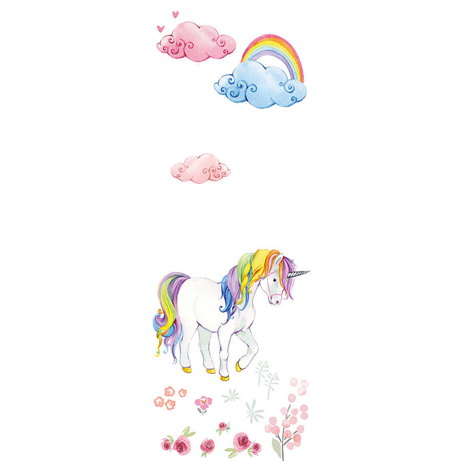 Children mural unicorn motif with rainbow in blue and yellow on mother of pearl smooth fleece
