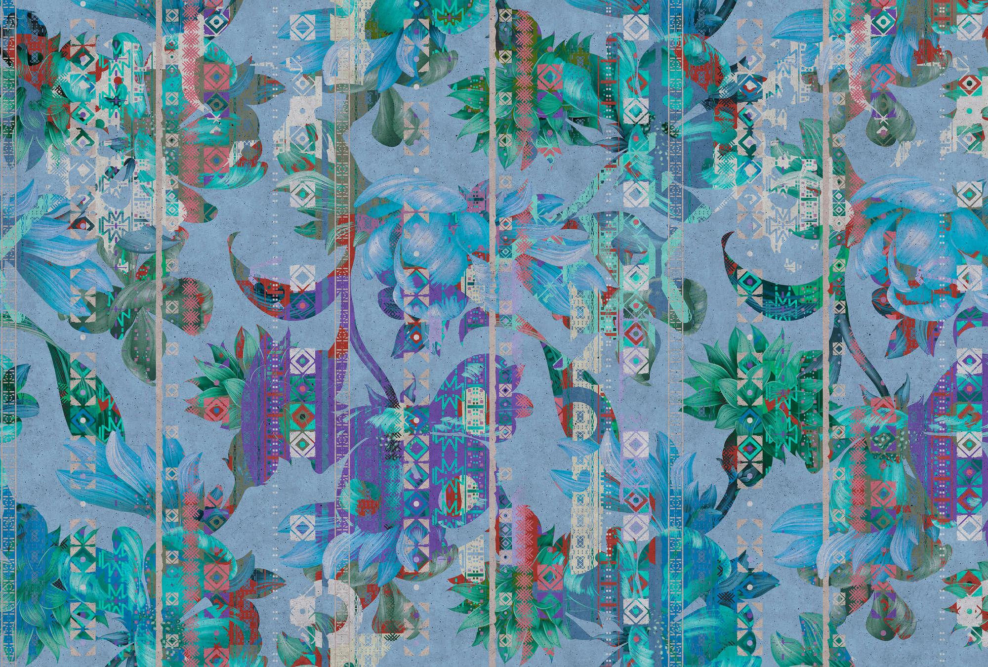             Muurschildering Vogels en Planten Patroon - Blauw, Groen
        