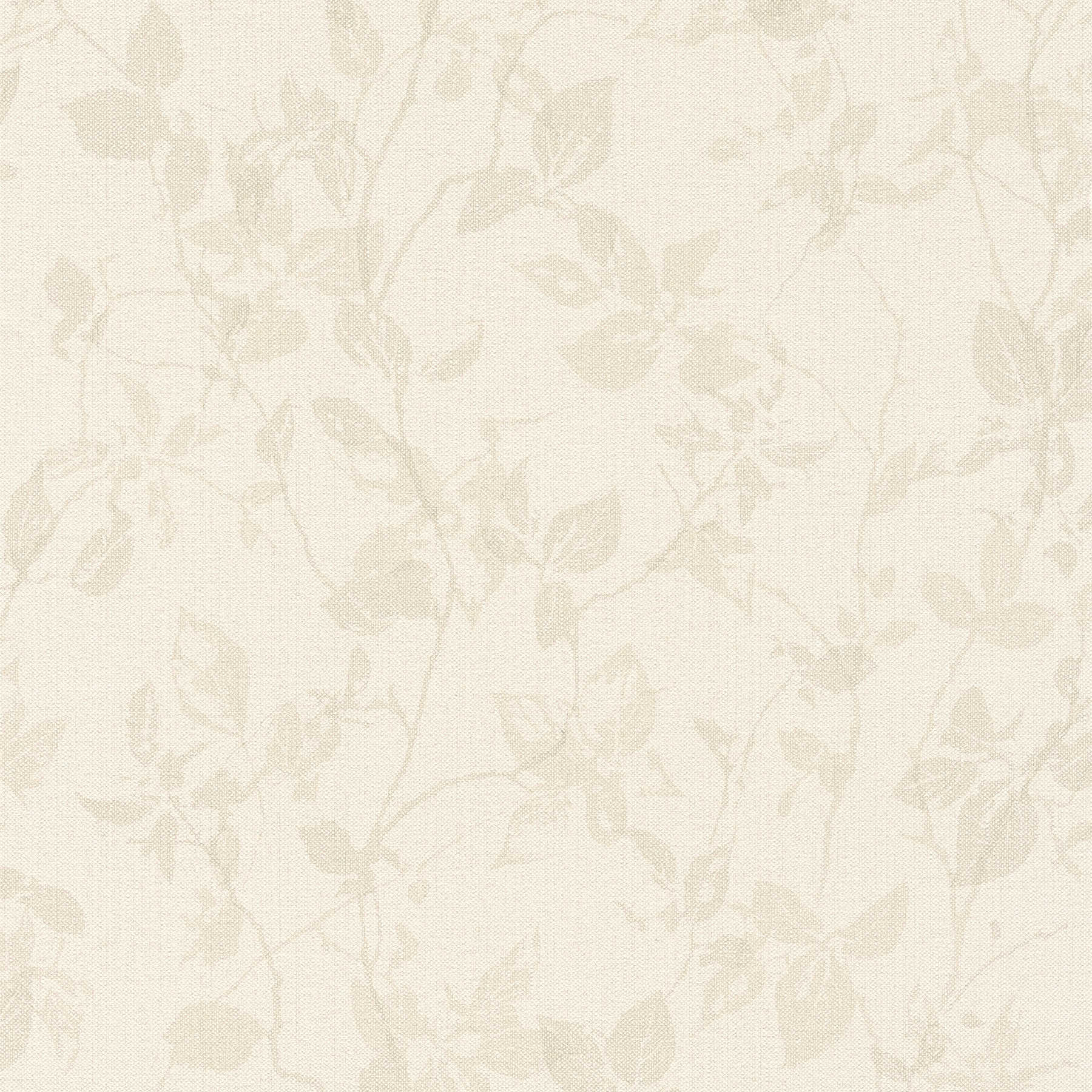 Papier peint aspect lin avec motif de feuilles dans le style maison de campagne - beige
