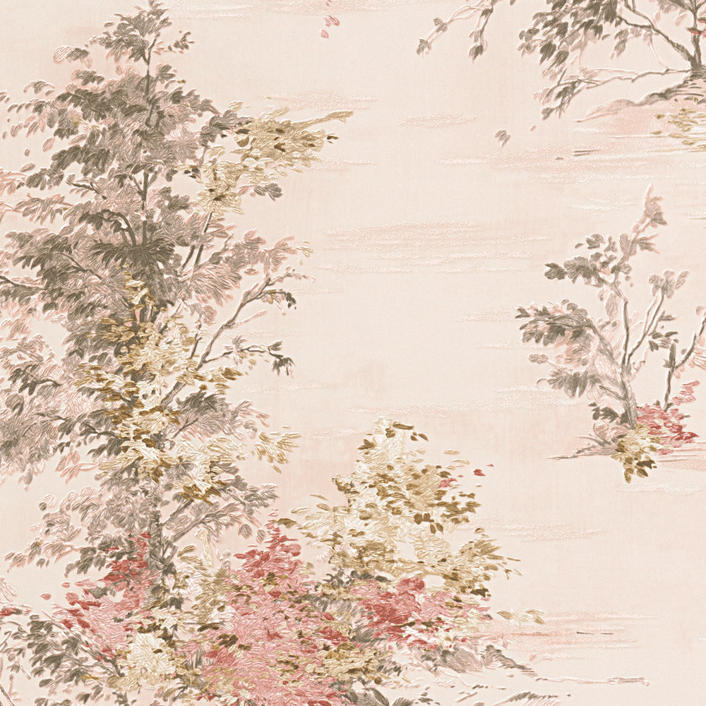             Behang met landschapsmotief in klassieke stijl - rood, roze, grijs, crème
        