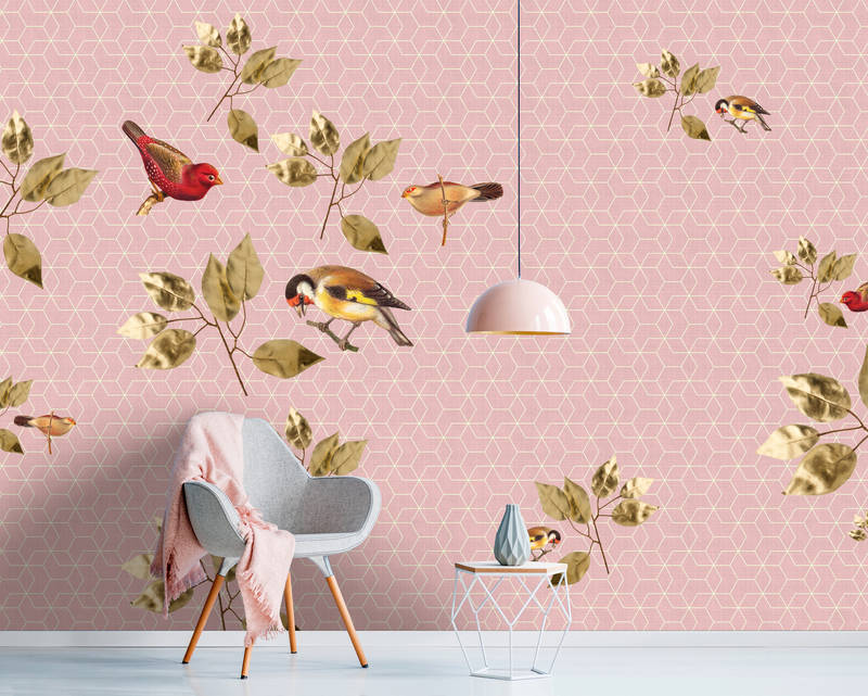             Brillant Birds 1 - Papier peint géométrique avec motif d'oiseaux et de feuilles - vert, rose | Premium intissé lisse
        