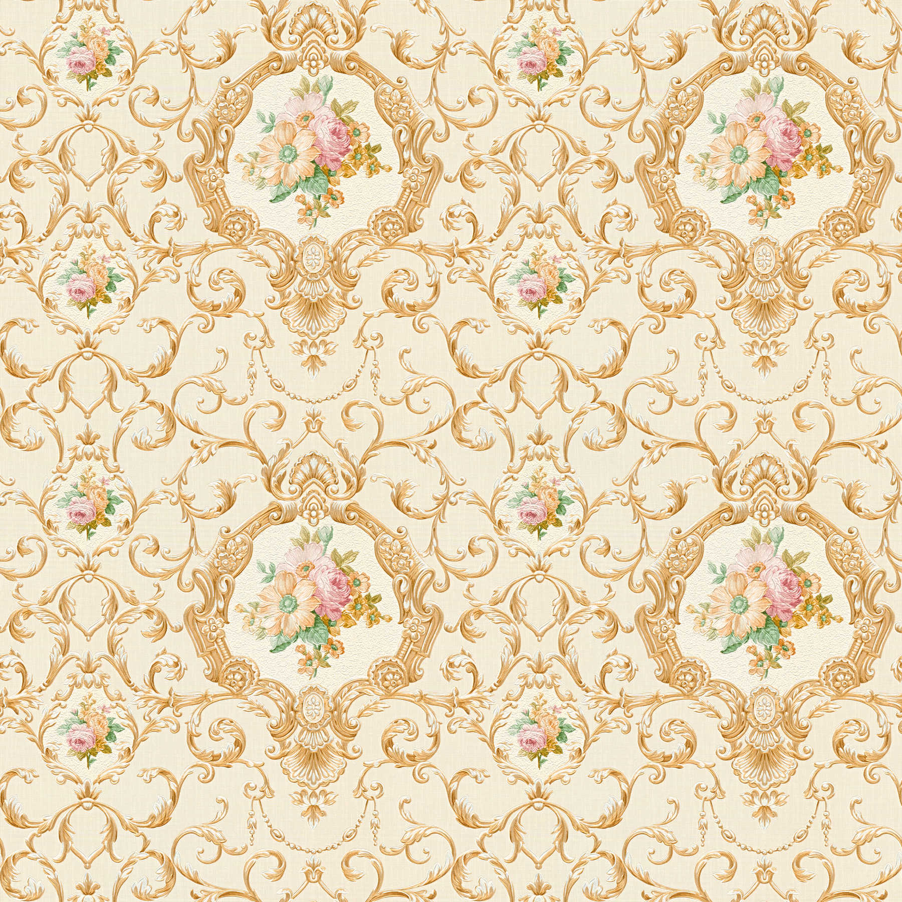 Opulent wallpaper with ornamental pattern & flowers - metallic
