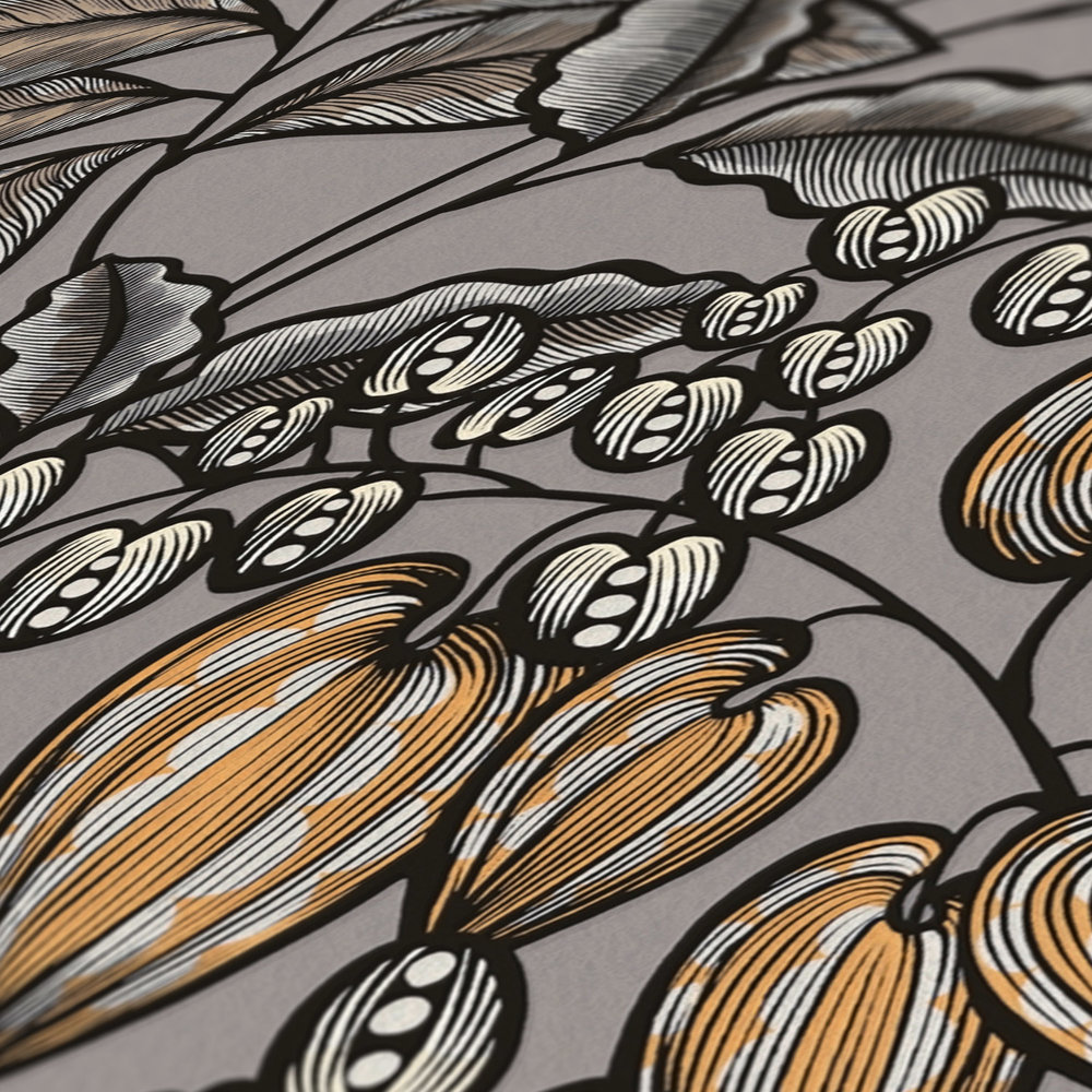             Behang Greige Leaves Design met Mosterdgele Accenten - Grijs, Bruin, Geel
        
