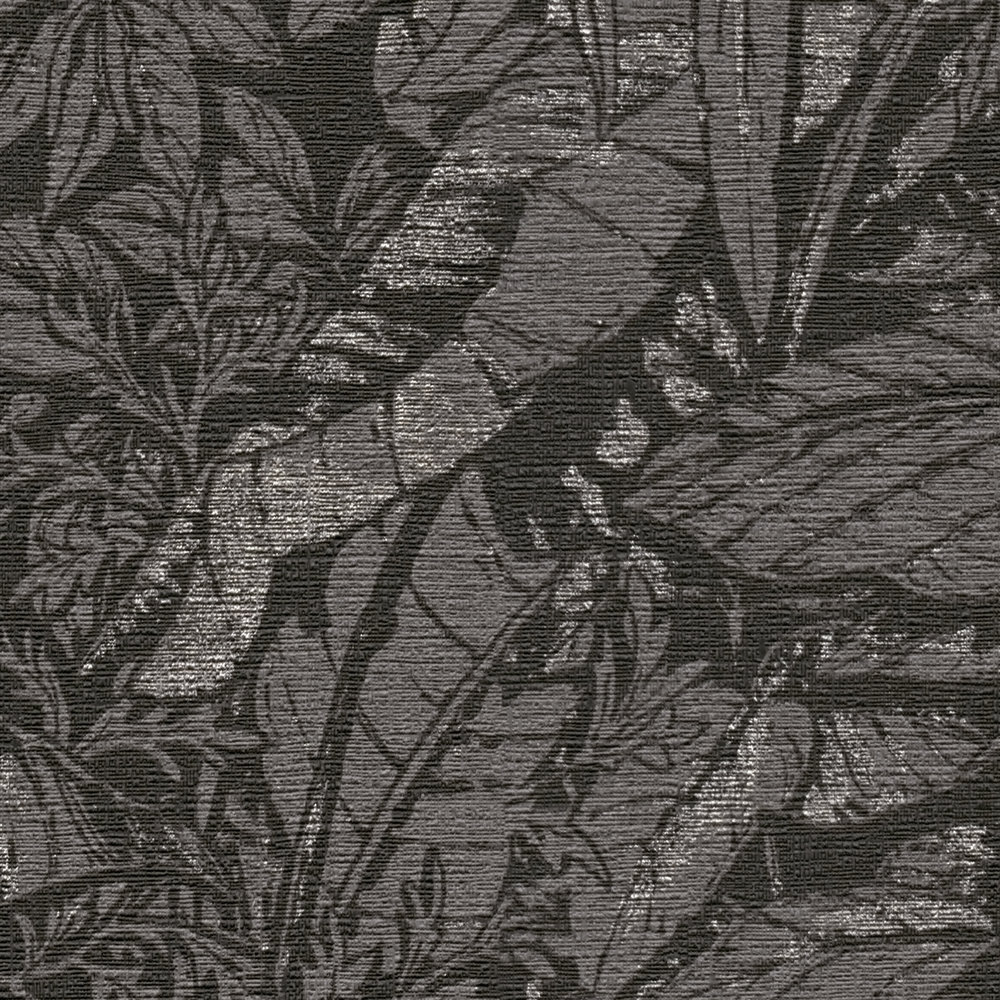             Floral non-woven wallpaper with jungle pattern - black, grey, silver
        