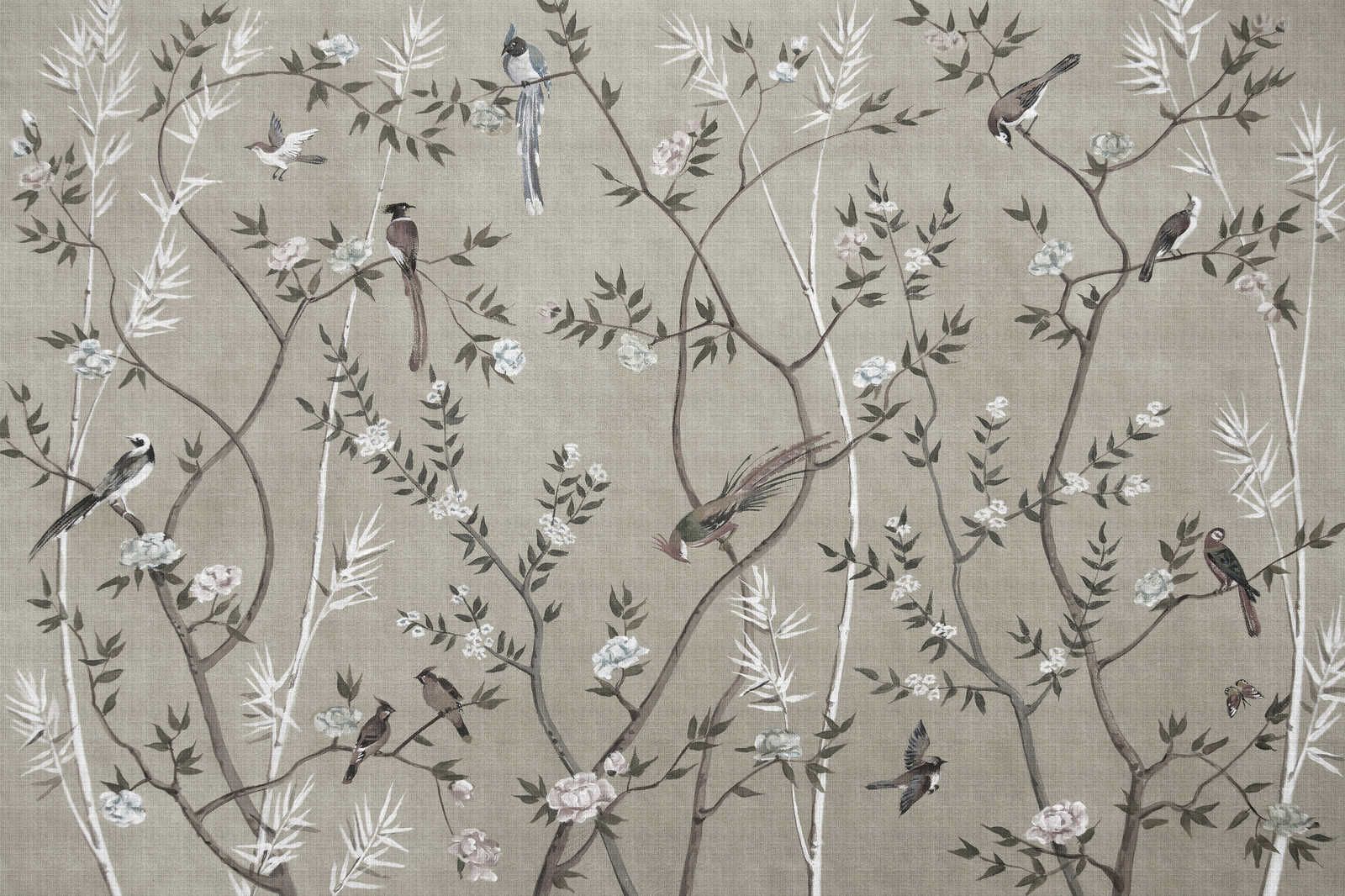             Tea Room 2 - Canvas painting Birds & Flowers Design in Greige - 0,90 m x 0,60 m
        