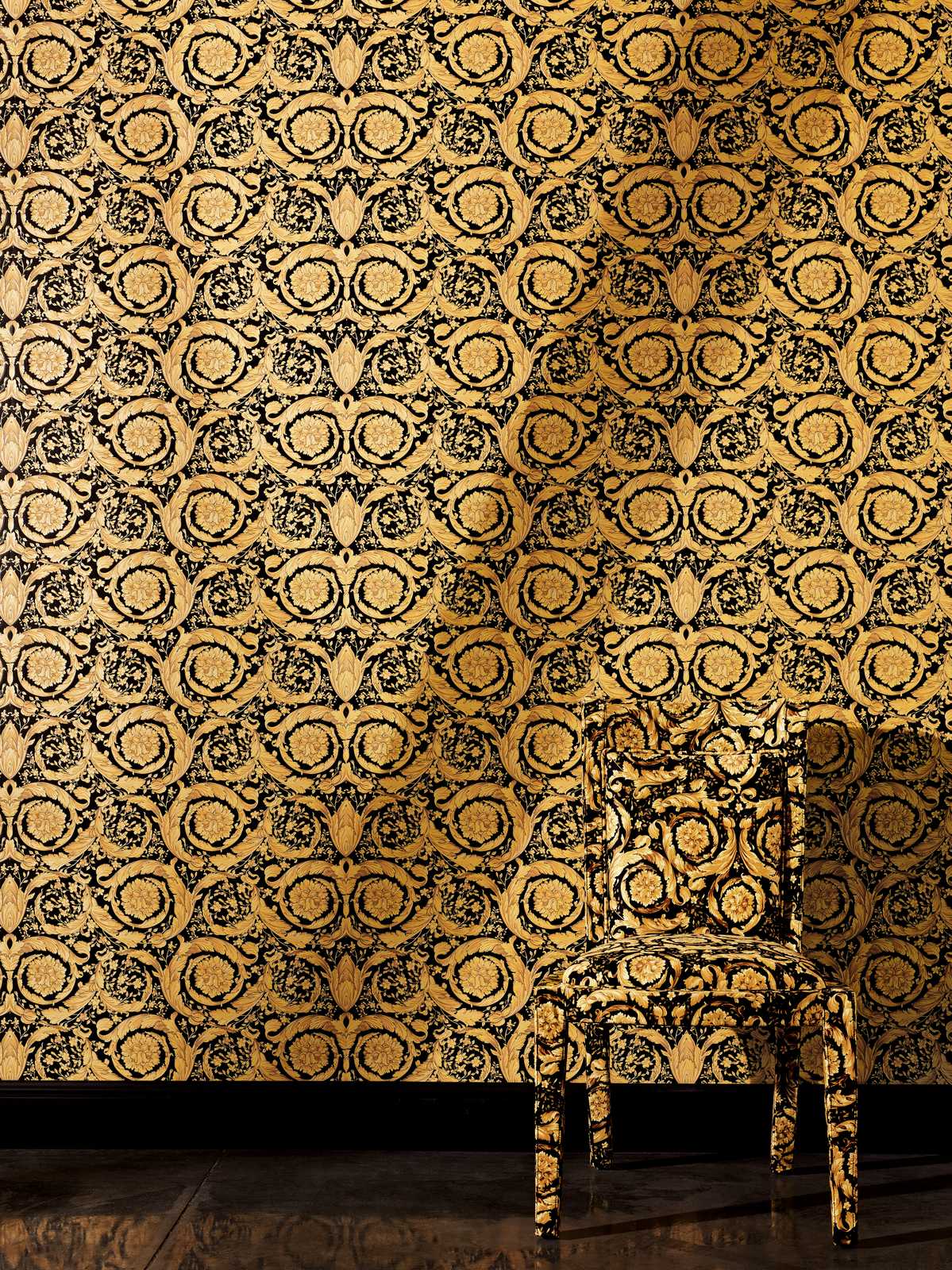             VERSACE wallpaper with ornamental floral pattern - gold, black
        
