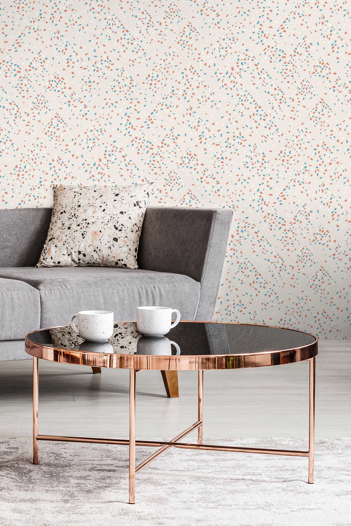             Non-woven wallpaper with terrazzo pattern - blue, pink, white
        