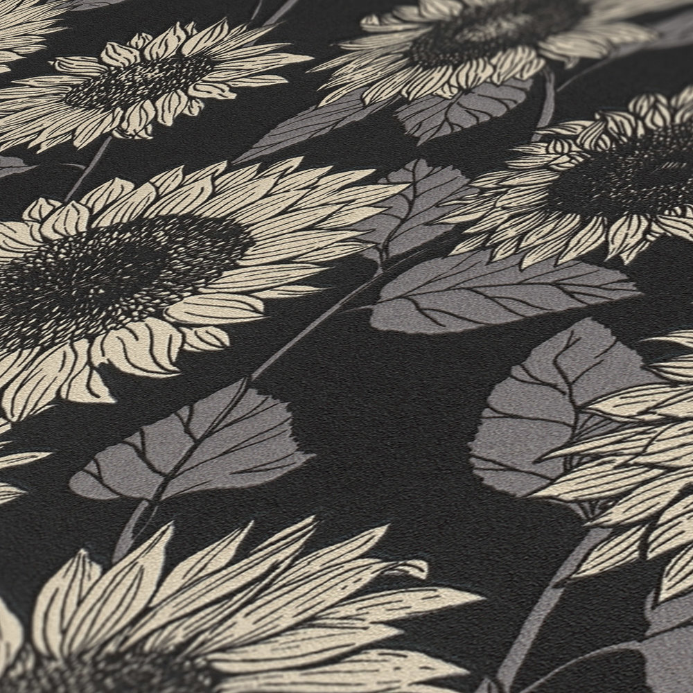             Carta da parati girasole con fiori effetto metallizzato - nero, antracite, grigio
        