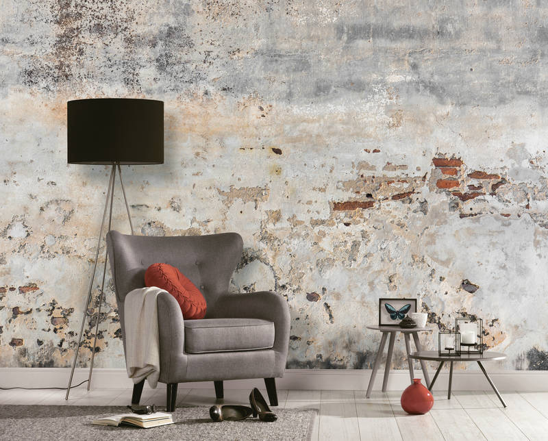             Photo wallpaper old & plastered brick wall - grey, brown
        