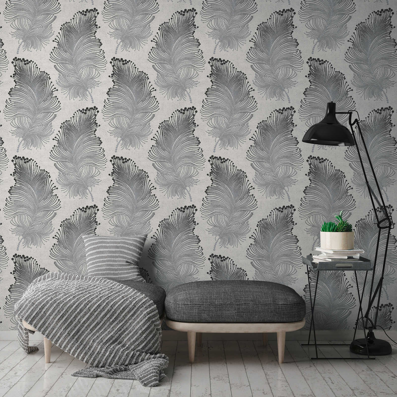             Metallic wallpaper with feather motif in boho style - metallic, white
        