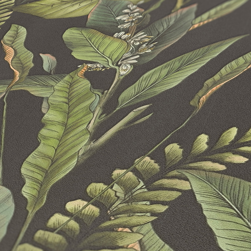             papier peint en papier jungle style floral avec feuilles & fleurs structuré mat - noir, vert, orange
        