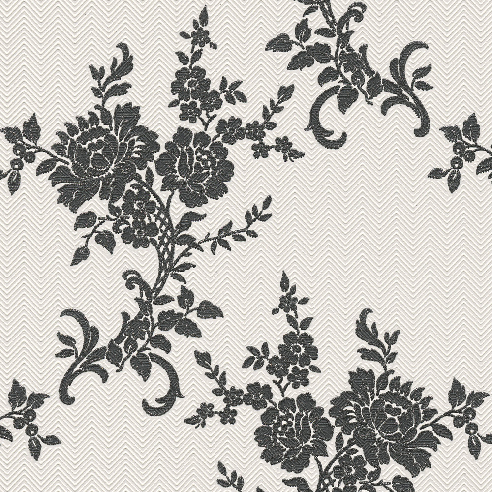             Papierbehang bloemornamenten & chevron patroon - zwart, wit, zilver
        