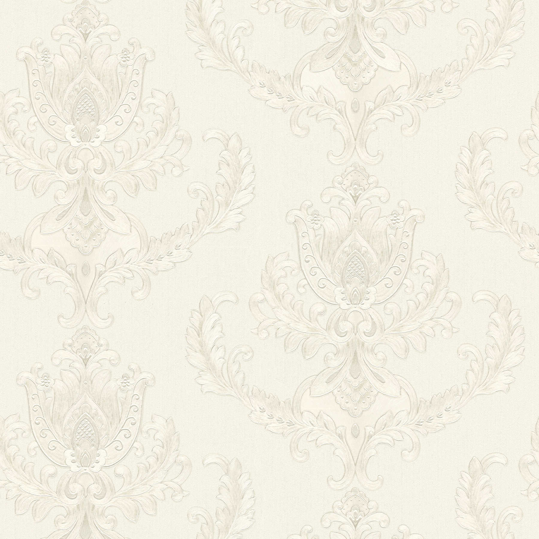 Ornamental wallpaper with floral decor & metallic accent - cream
