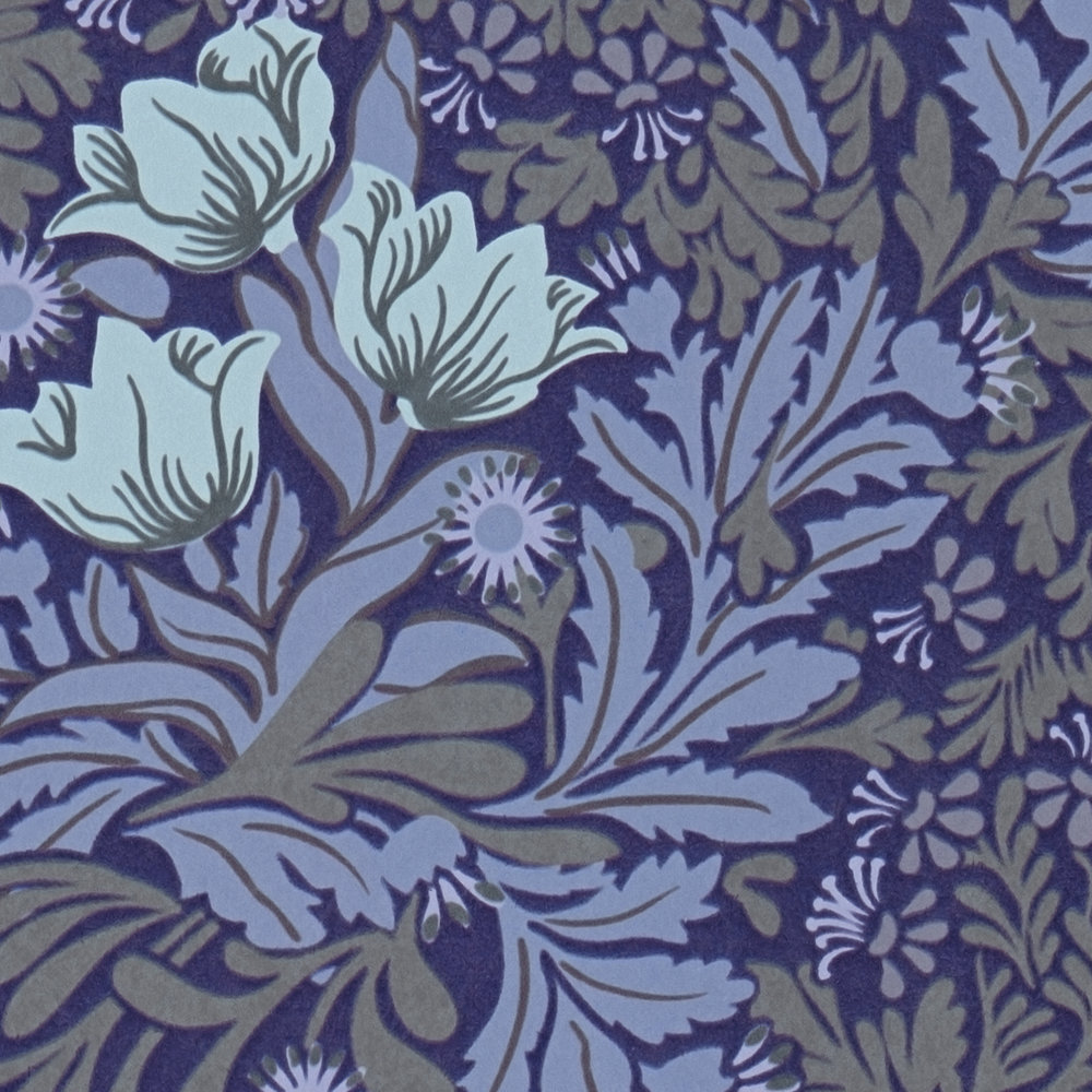             Carta da parati floreale in tessuto non tessuto con viticci di foglie e fiori - blu, grigio, verde
        