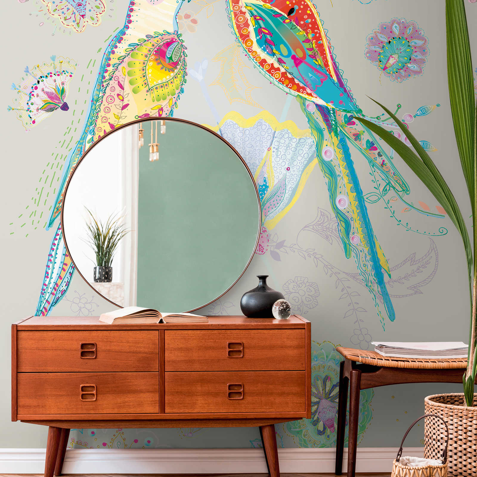 Non-woven wallpaper with parrot in floral style colourful - beige, colourful, green, blue, orange
