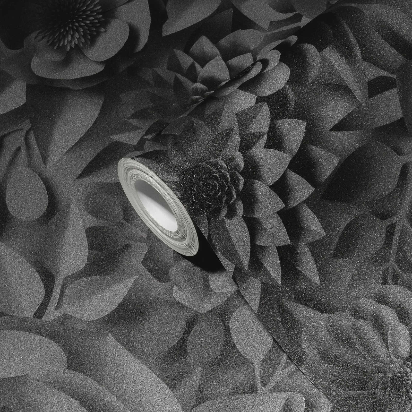             Papel pintado 3D flores - Gris, Negro
        