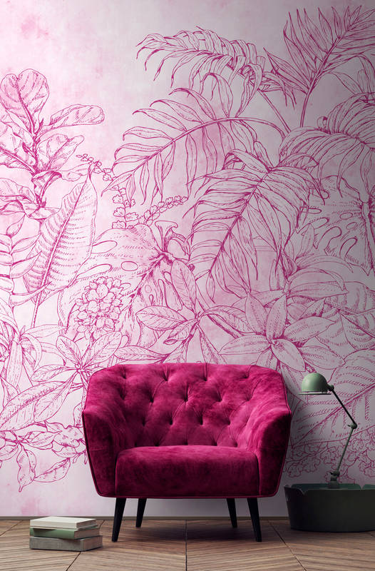             Papier peint motif fleurs et feuilles - rose, crème
        
