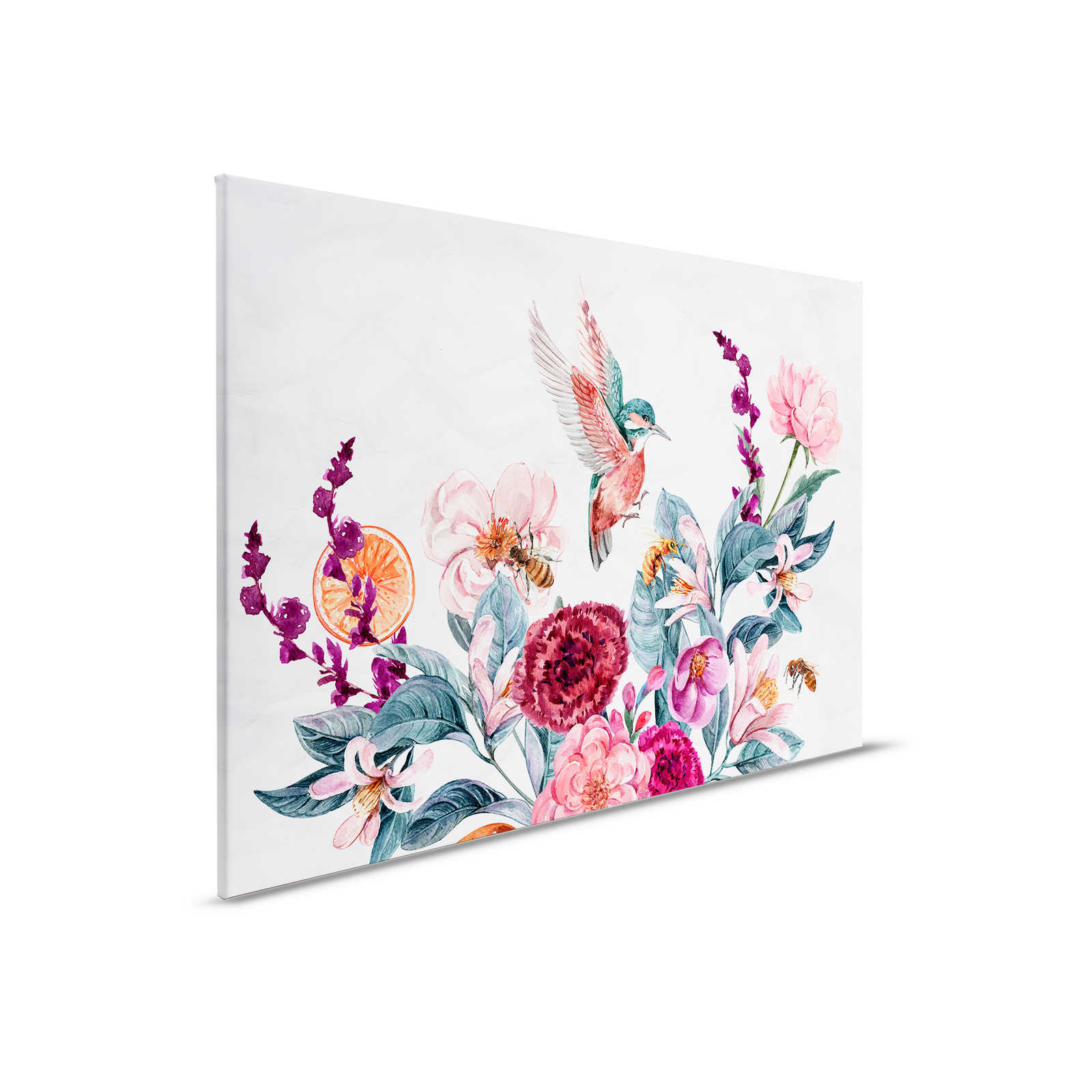 Canvas schilderij Bloemrijk & Vogels op 3D Achtergrond - 0,90 m x 0,60 m
