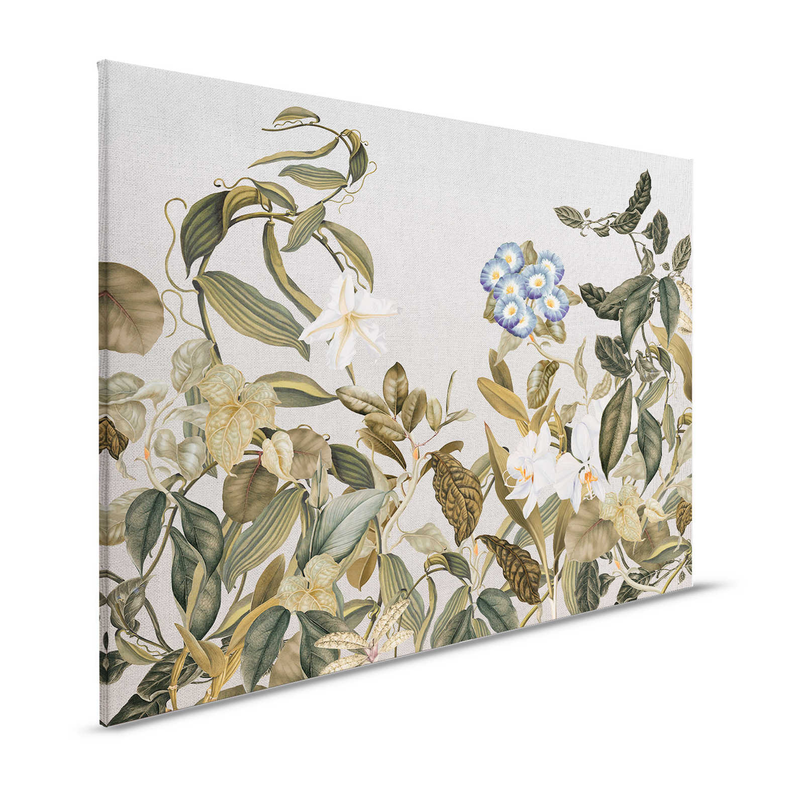 Tela dipinta in stile botanico Fiori, foglie e aspetto tessile - 1,20 m x 0,80 m
